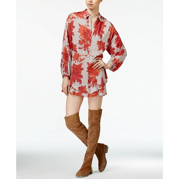 New FREE PEOPLE Floral Double-hem Mini Shirt Dress - Picture 5 of 7